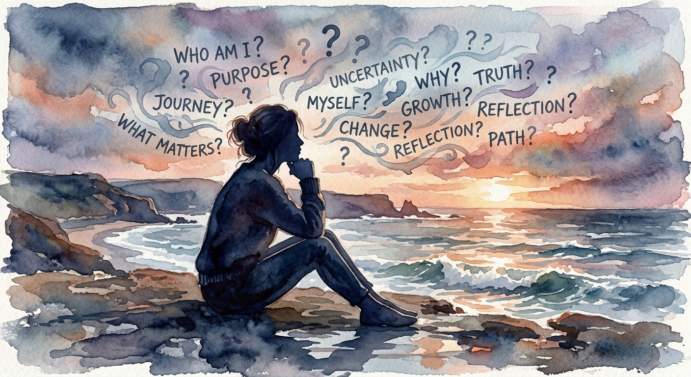 A watercolor painting of a woman sitting on rocks by the ocean at sunset, contemplating with questions like 'Who am I?', 'Purpose?', 'Journey?', 'Uncertainty?', and 'Growth?' in speech bubbles above her head.
