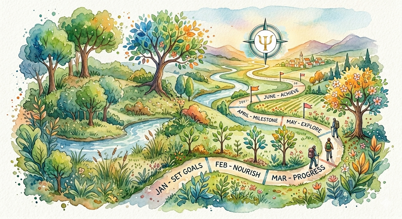 A colorful illustrated landscape depicts a winding path with milestones marking months from January to June, illustrating progress and achievement. The path starts with 'Jan - Set Goals', followed by 'Feb - Nourish', 'Mar - Progress', 'April - Milestone', 'May - Explore', and 'June - Achieve'. The scene includes trees, a river, distant mountains, and a small village, symbolizing growth, journey, and accomplishment.