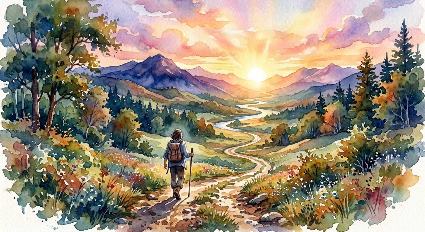 A watercolor painting of a hiker walking along a trail in a valley during sunset, surrounded by trees, mountains, and a winding river.