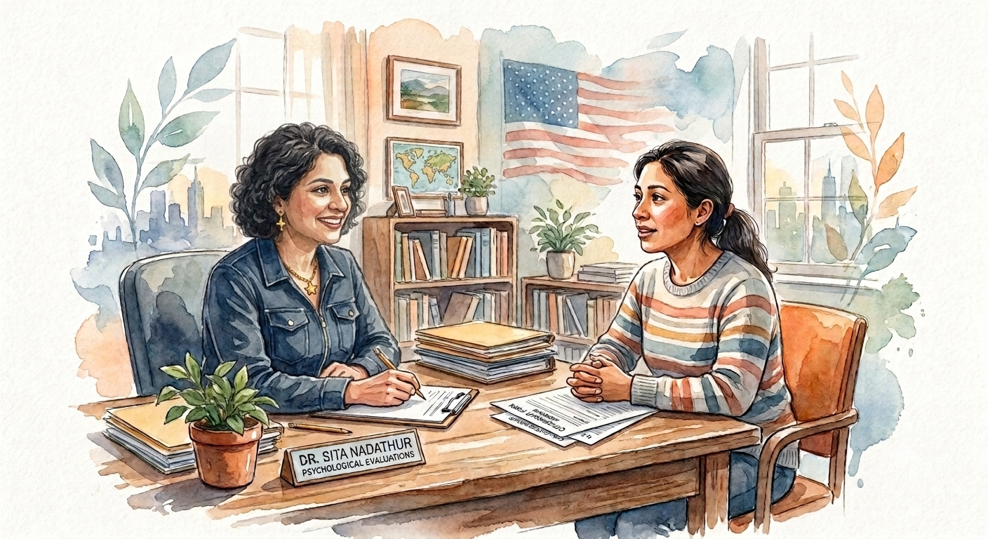 A woman named Dr. Sita Nadathur is conducting a psychological evaluation with a client in an office decorated with plants, books, a world map, and an American flag.