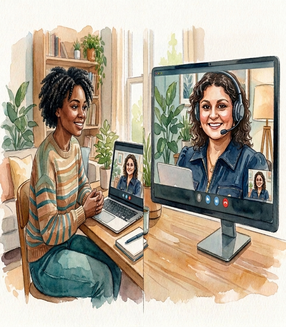 A woman with curly brown hair is having a video call on her laptop with another woman who has curly dark hair and a headset. They are in a well-lit room with plants, bookshelves, and a window.
