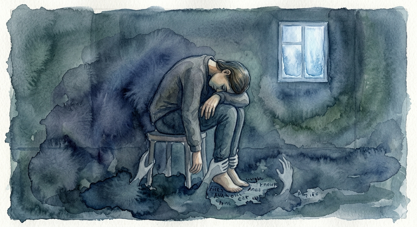 A woman sitting on a chair with her head resting on her knees in a dark room, with a small window showing snow outside. Dark, shadowy figures with outstretched hands surround her, with words like "fear," "loss," and "knock" written underneath.