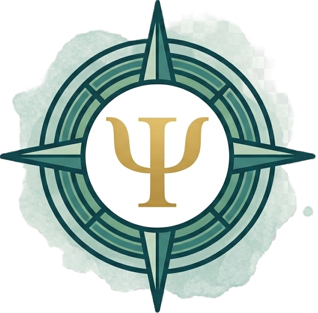 A compass rose design with a central Greek letter Psi (Ψ), symbolizing psychology, surrounded by dark green tones and watercolor background.