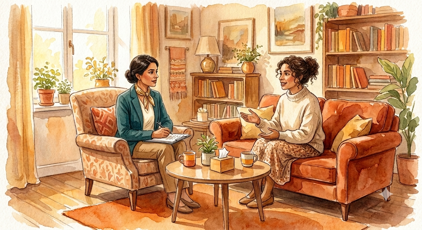 Two women having a conversation in a cozy living room. One woman is sitting on an armchair with a notebook, and the other is sitting on a sofa, talking and gesturing with her hands. The room has warm lighting, plants, bookshelves, and framed pictures on the wall.
