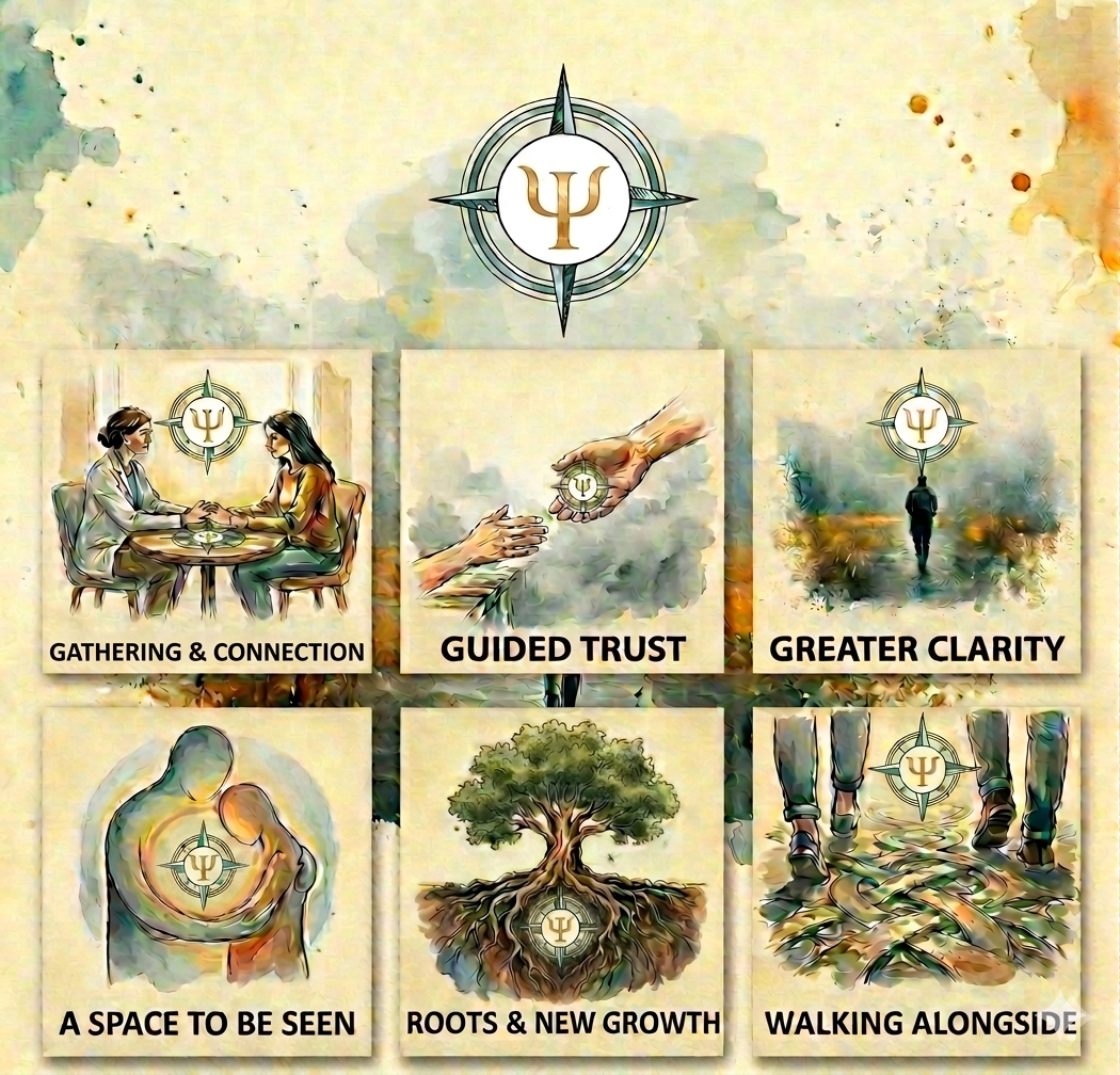 A colorful illustration with six panels, each depicting a different concept related to psychology or personal growth, with a central compass and Greek letter psi symbol.