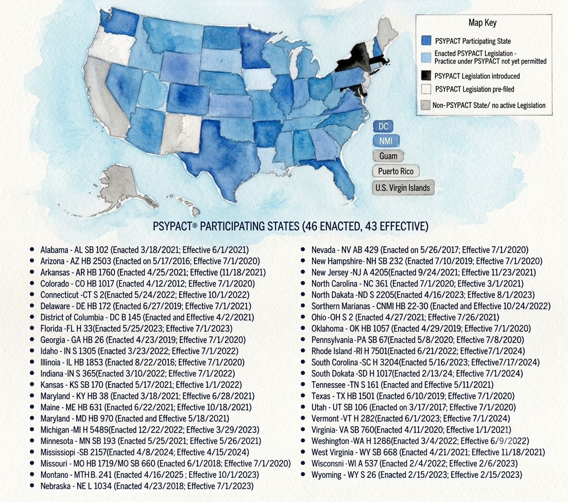 Map of the United States showing states that participate in the PSYPACT coverage.