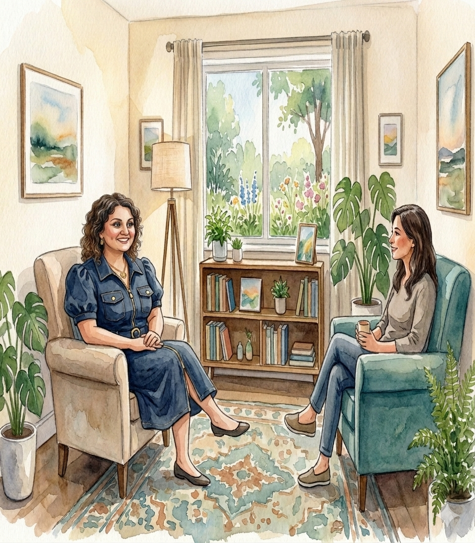 Two women having a conversation in a cozy, well-lit living room with green plants, framed landscape paintings, a bookshelf, and a large window showing a garden outside.