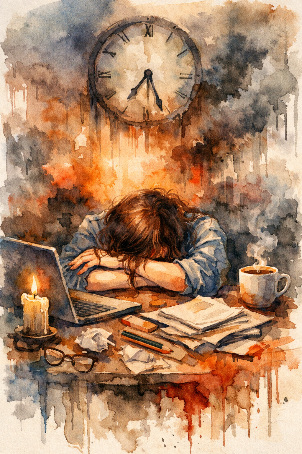 A woman with brown hair resting her head on her crossed arms on a cluttered desk, surrounded by crumpled papers, books, a laptop, a lit candle, a coffee mug, and eyeglasses. Behind her is a large clock showing 11:30. The scene is painted with a watercolor effect with warm and dark tones.