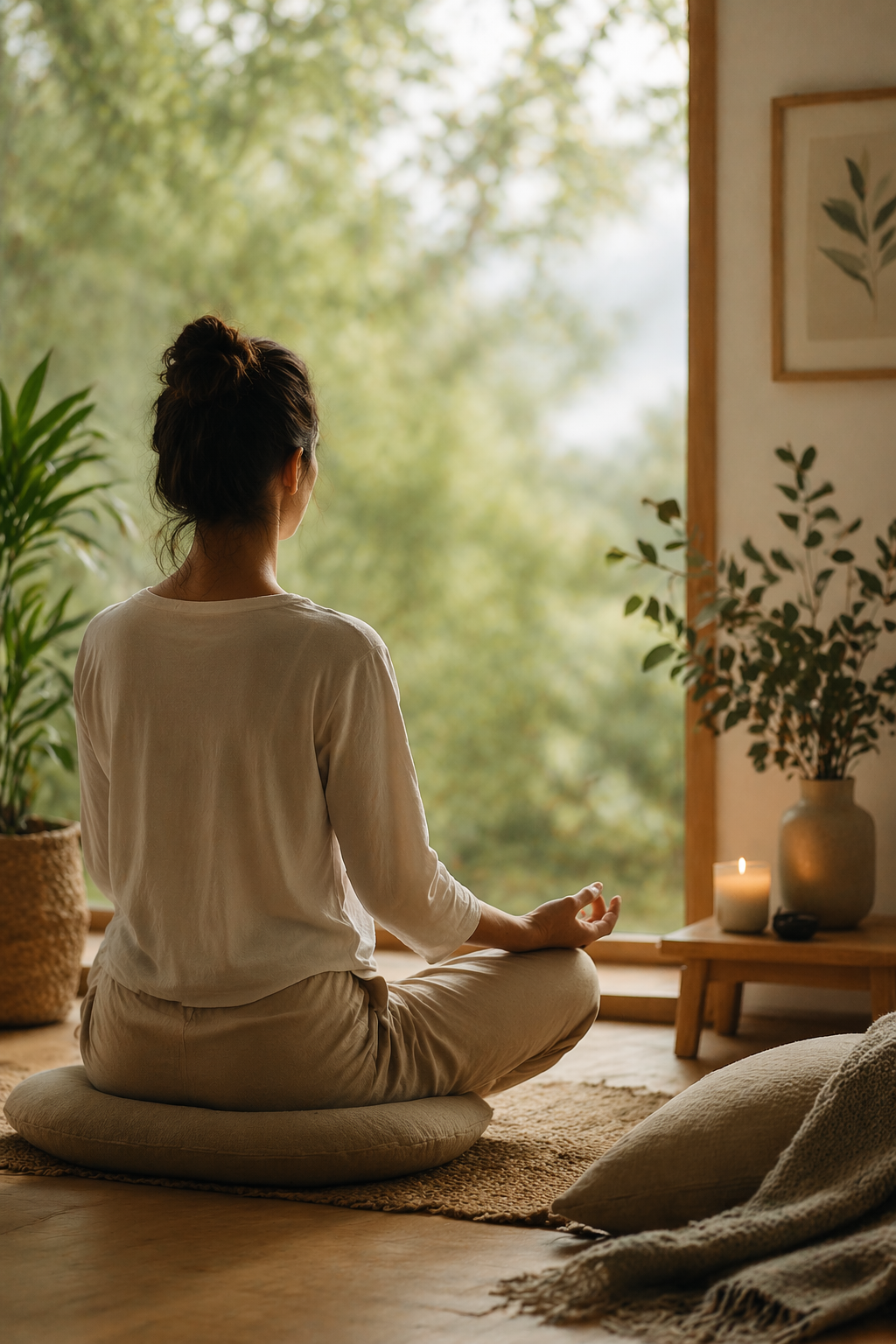 A woman sitting cross-legged on a meditation cushion, facing a large window with greenery outside, surrounded by indoor plants, a lit candle, and cozy decor.
