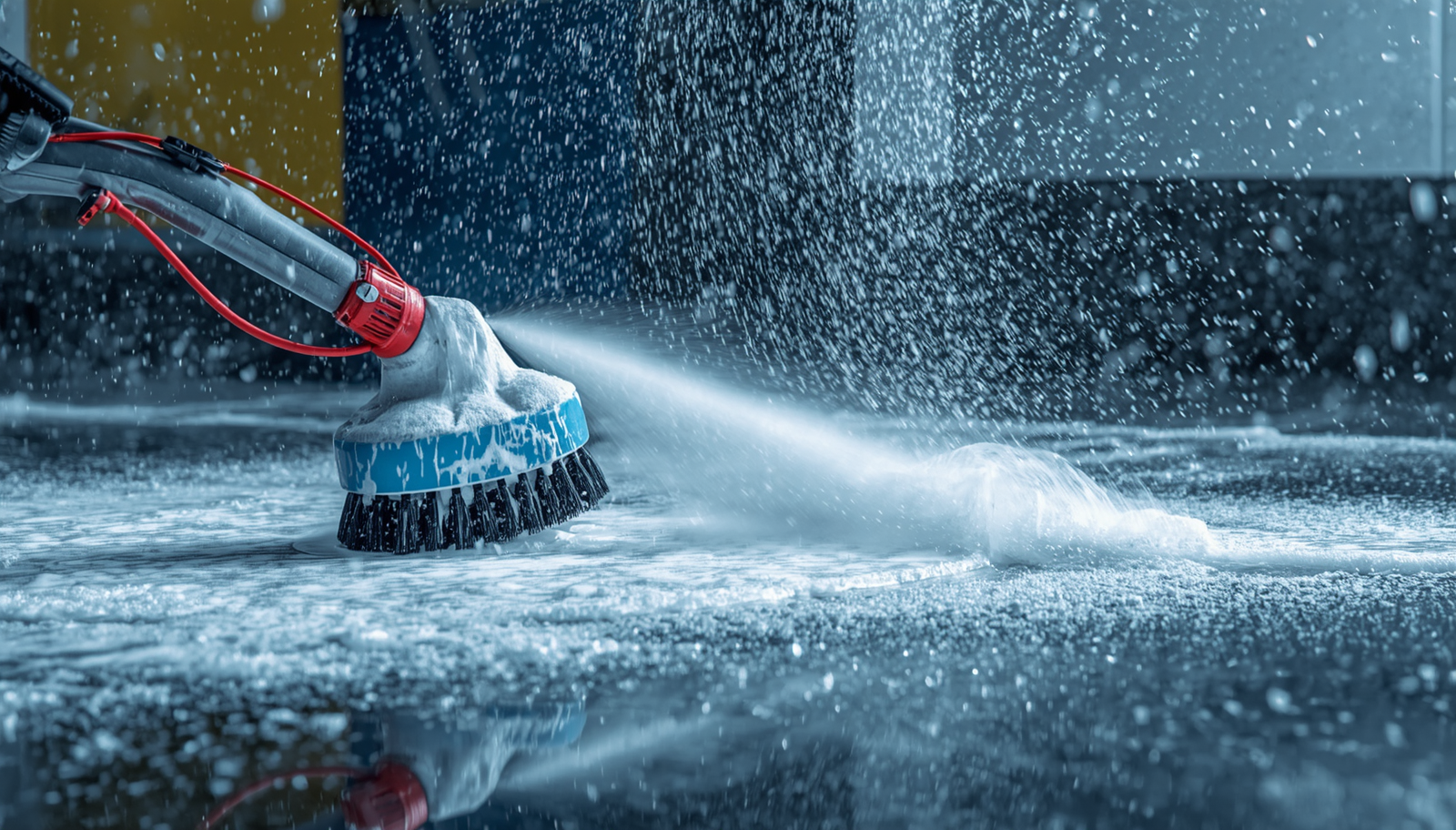 A high-pressure water hose with a scrub brush attachment cleaning a surface, creating foam and spray in an indoor setting.