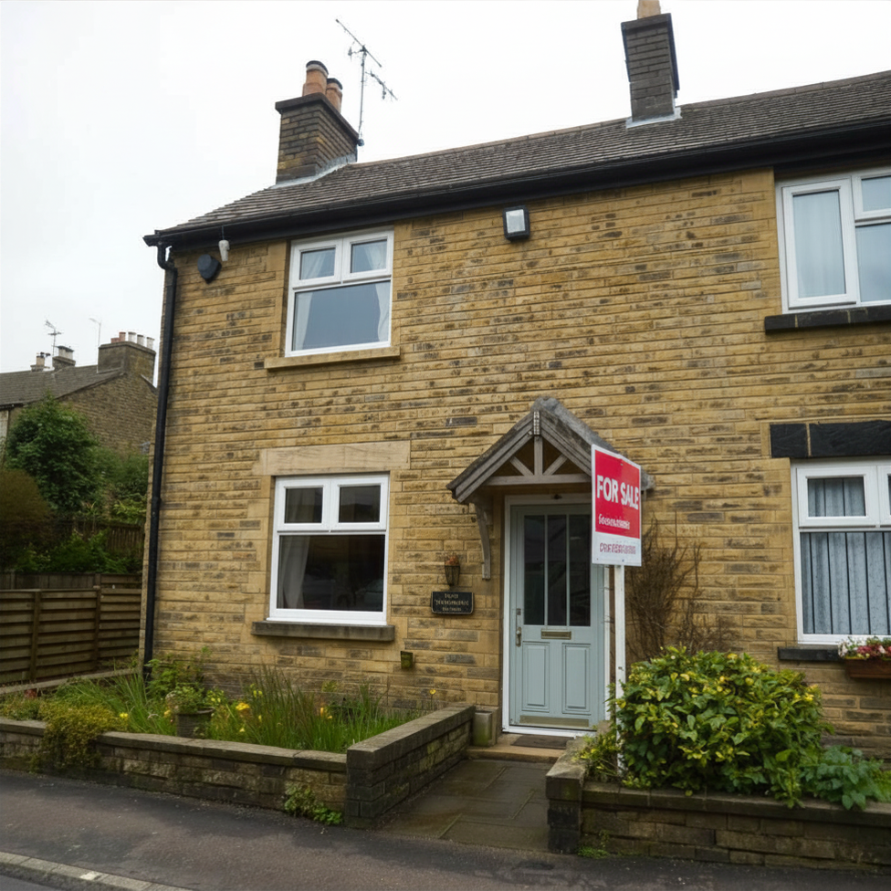 Halifax end of tenancy. Front of the house with for sale sign up. We just completed in Halifax