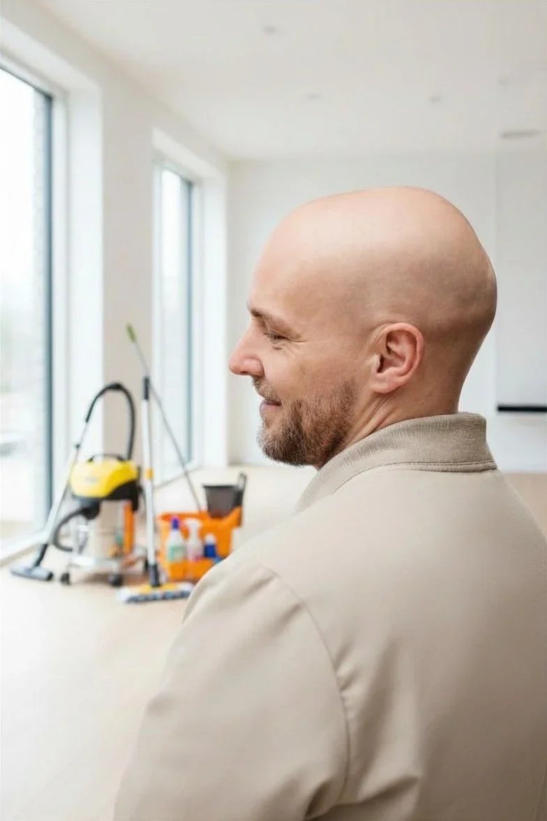 A bald man with a beard sitting in a bright room with cleaning supplies and a vacuum cleaner in the background.