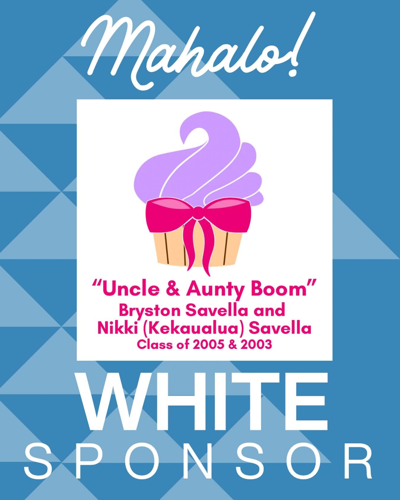 MAHALO to &ldquo;Uncle + Aunty Boom&rdquo; @cupcakesboom for being a WHITE SPONSOR of the Waiākea High School 50th Anniversary celebration!💙🤍

Your generous contribution will help us leave a legacy for the next generation of Warriors! We truly appr