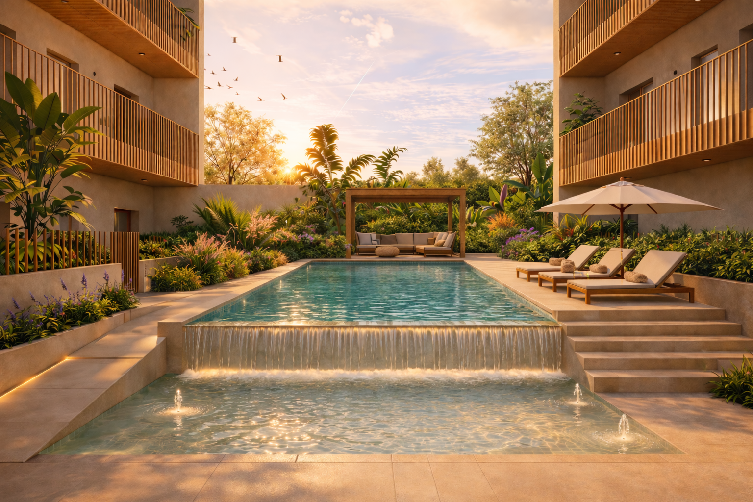 Piscina en un complejo de apartamentos con jardines, tumbonas, sombrilla y zona de descanso en un atardecer