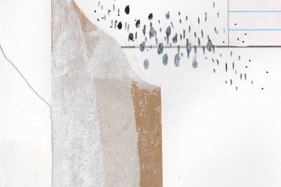 Close up of a textural piece of collage combining white paint, paper, brown kraft paper and handdrawn dots.