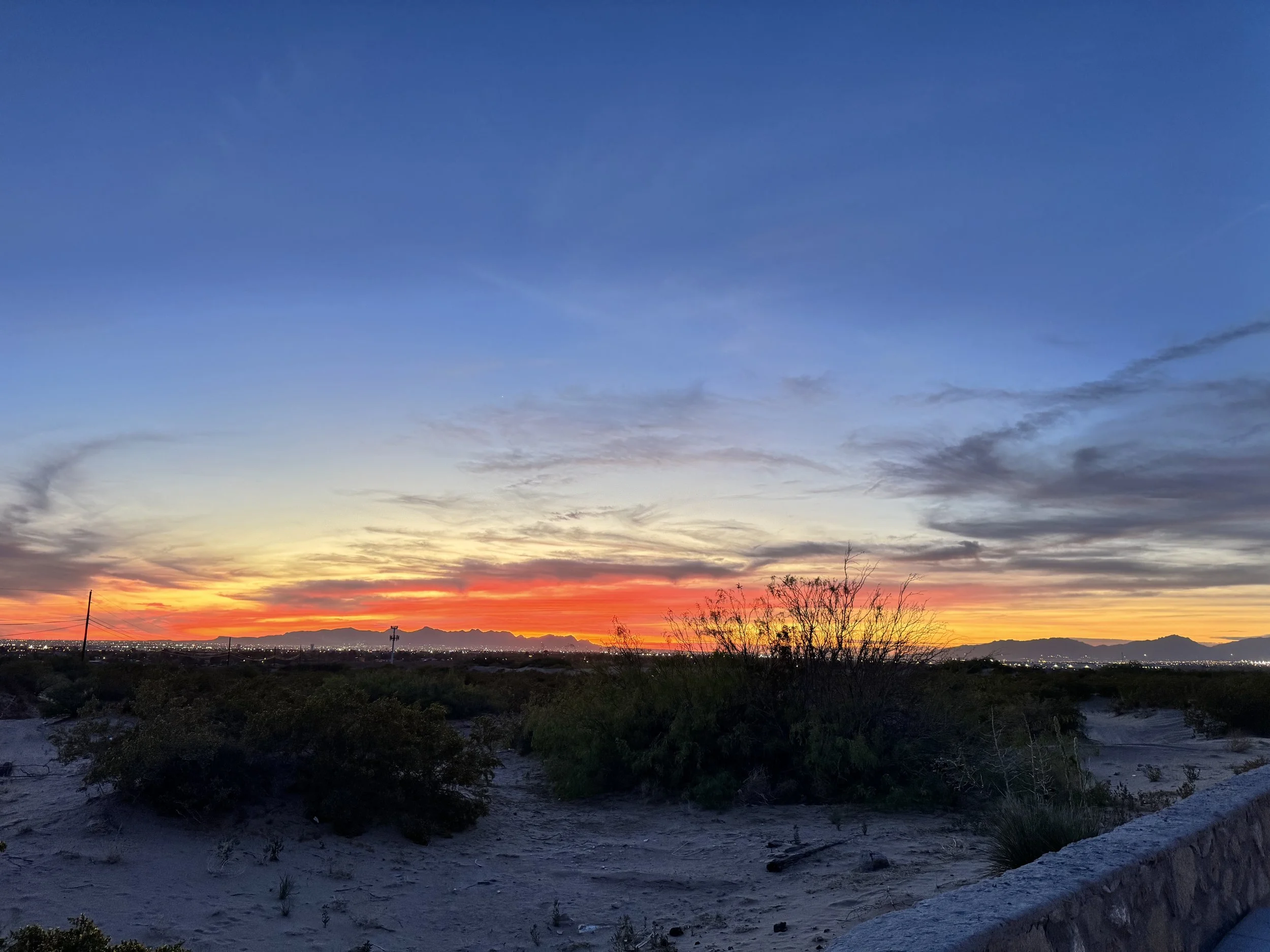 A desert landscape at sunset with a colorful sky, mountains in the distance, and low bushes on sandy ground.