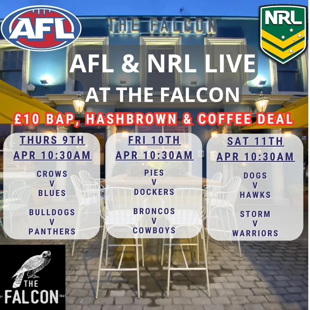 The line up for this weekend in the AFL &amp; NRL at the @falconclapham 

All live and free to attend!