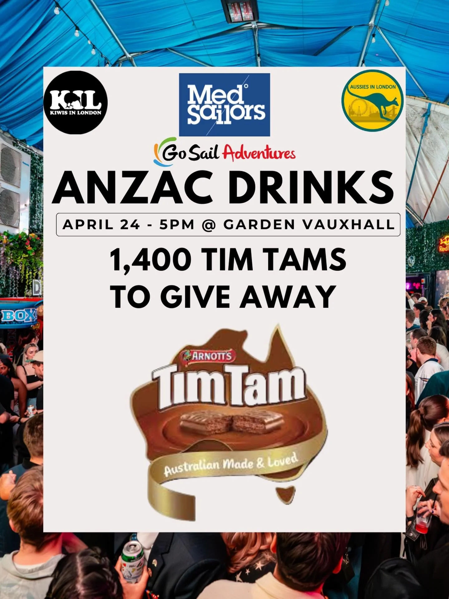 What&rsquo;s better than ANZAC Drinks? Getting one of the 1,400 free @timtamofficial_uk for turning up! 

That&rsquo;s right. One Tim Tam each. Get on down to @thegardenvauxhall from 5pm Friday to get around it with us &amp; @kiwislondon 🙌🏽