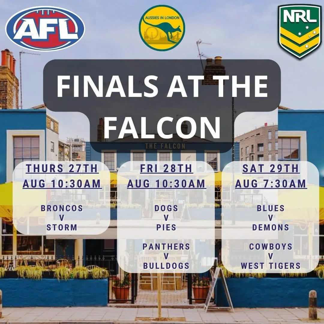 The AFL finals kick off this weekend at the @falconclapham 

The AFL Finals begin this weekend and the Falcon Clapham North is the only place to be

🎫 Free entry
🍻 20% off draught beers during the game
🍽 &pound;10 Breakfast bap/Coffee &amp; &pound