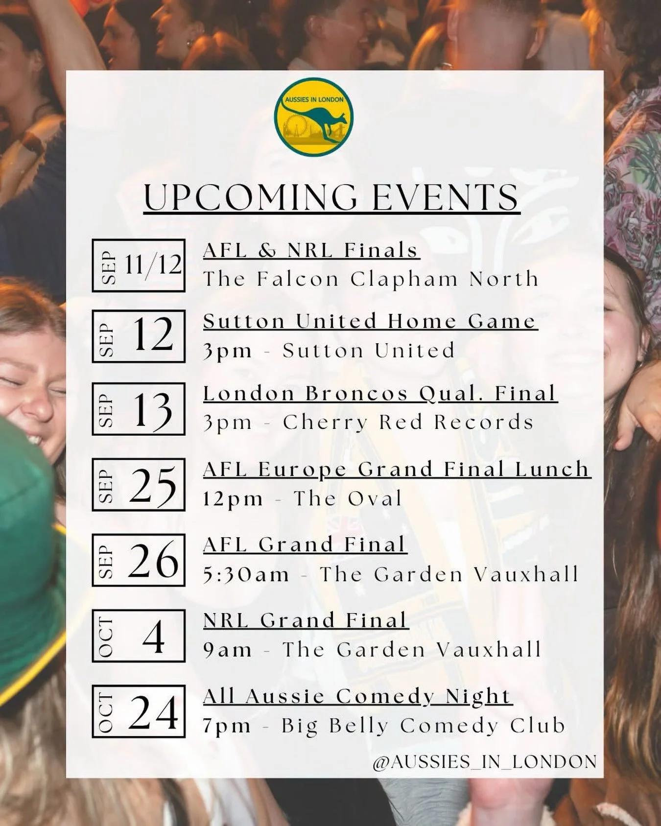 Plenty going on in the next few weeks! Lots to get around.

All links at - https://linktr.ee/aussiesinlondon (link in bio)

The snapshot:

AFL &amp; NRL finals at the @falconclapham 

@suttonunited game day Sat

@londonbroncos qualifying final Sunday