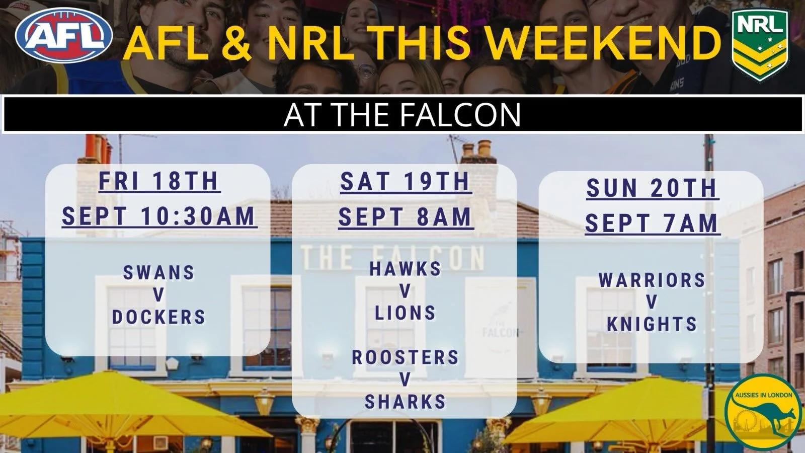 Here&rsquo;s the line up for the AFL &amp; NRL finals this weekend at the @falconclapham 

Tickets to both grand finals at Vauxhall are selling very quickly, get yours through the link in our bio 🎫