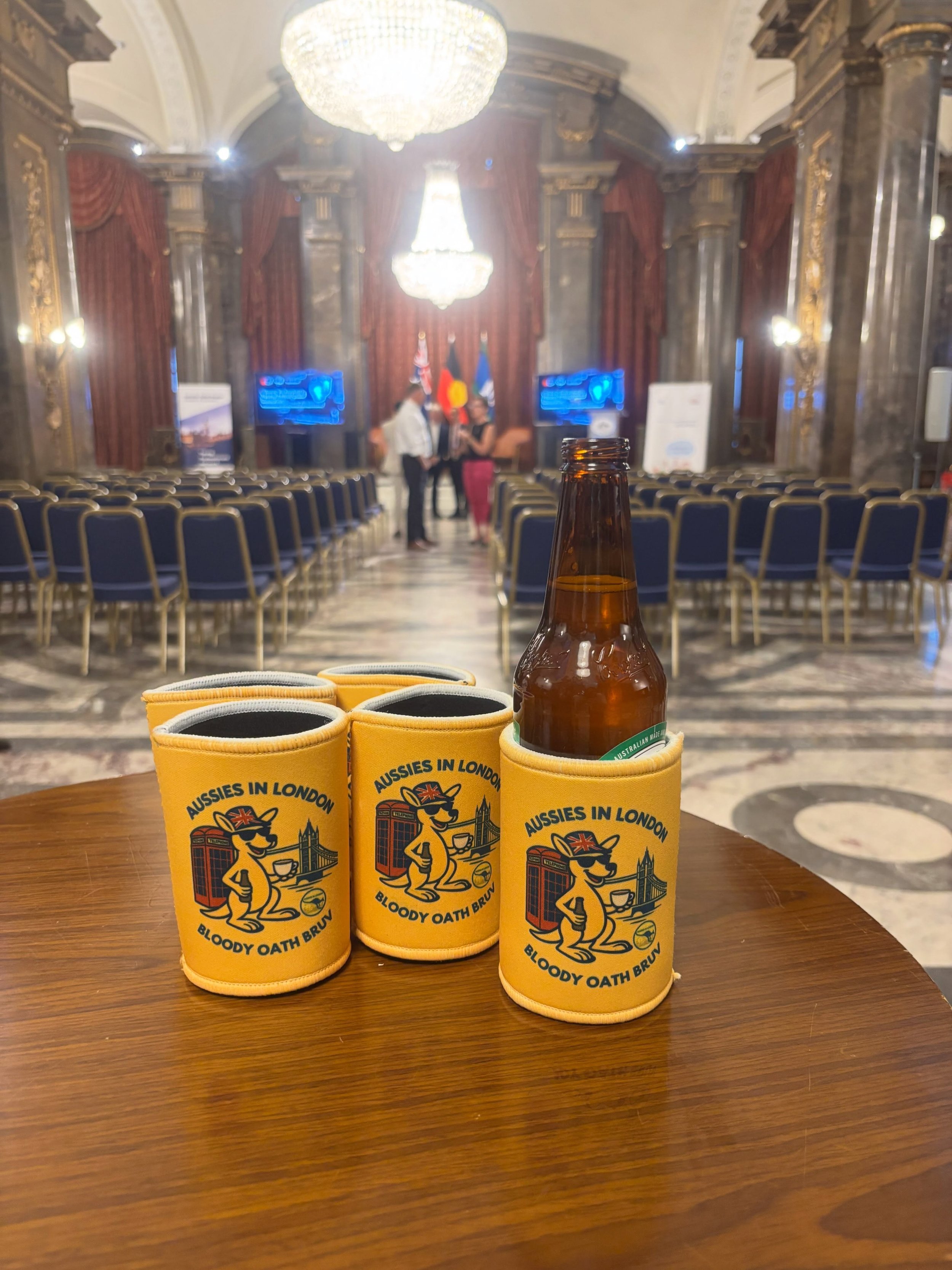 Stubby holders front &amp; centre at the @ausuk_chamber Young Professionals event at @australianhighcommissionuk