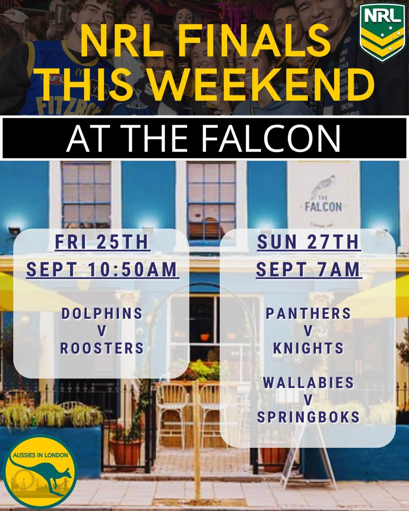 Here&rsquo;s the line up at the @falconclapham this weekend for the NRL prelims and a the Wallabies 🙌🏽