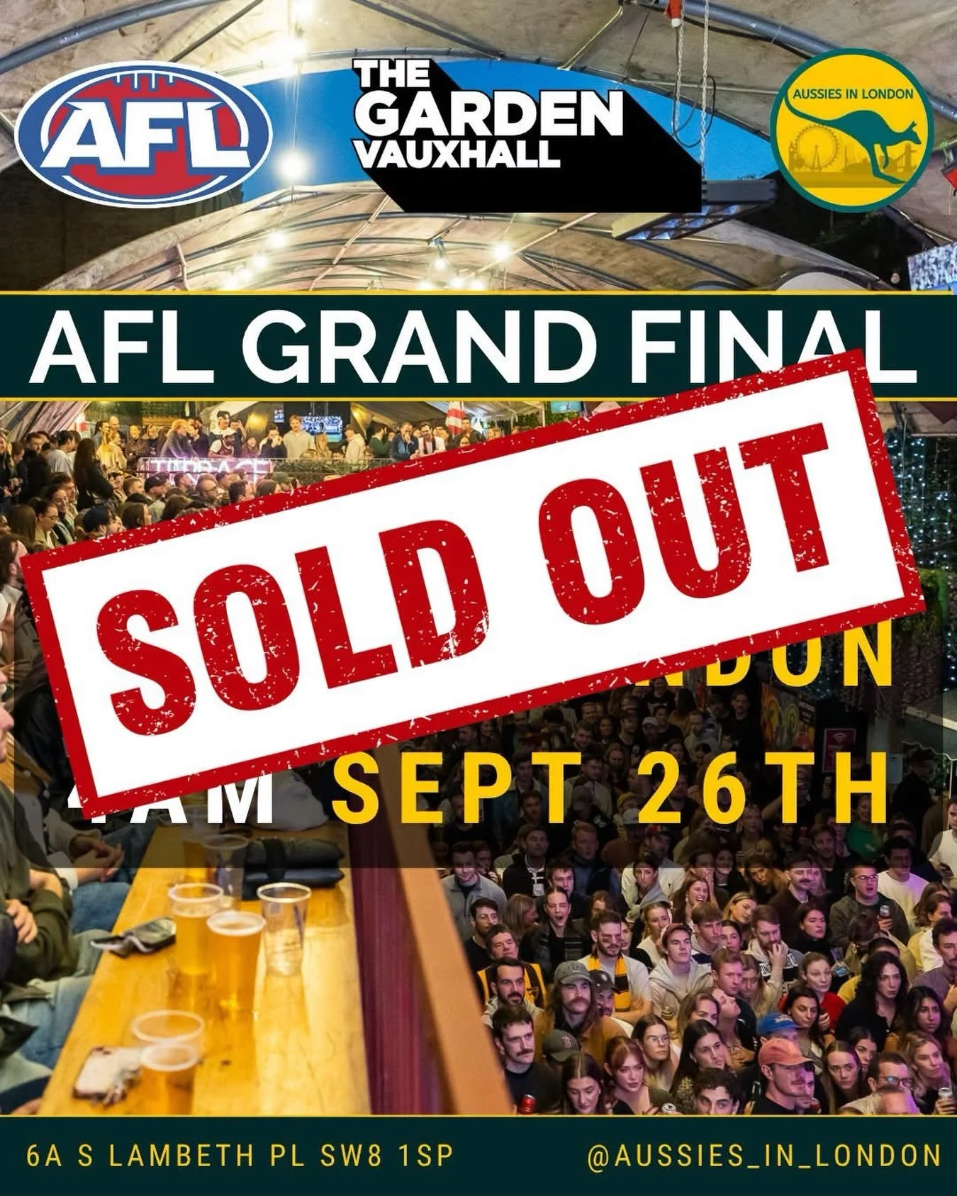 For the 5th year running the AFL Grand Final is SOLD OUT! This is going to be yet another BELTER of a day. If you&rsquo;re coming along, here&rsquo;s all the info you need to know:

&bull;  Doors open 4am &mdash; get there early, don&rsquo;t just tur