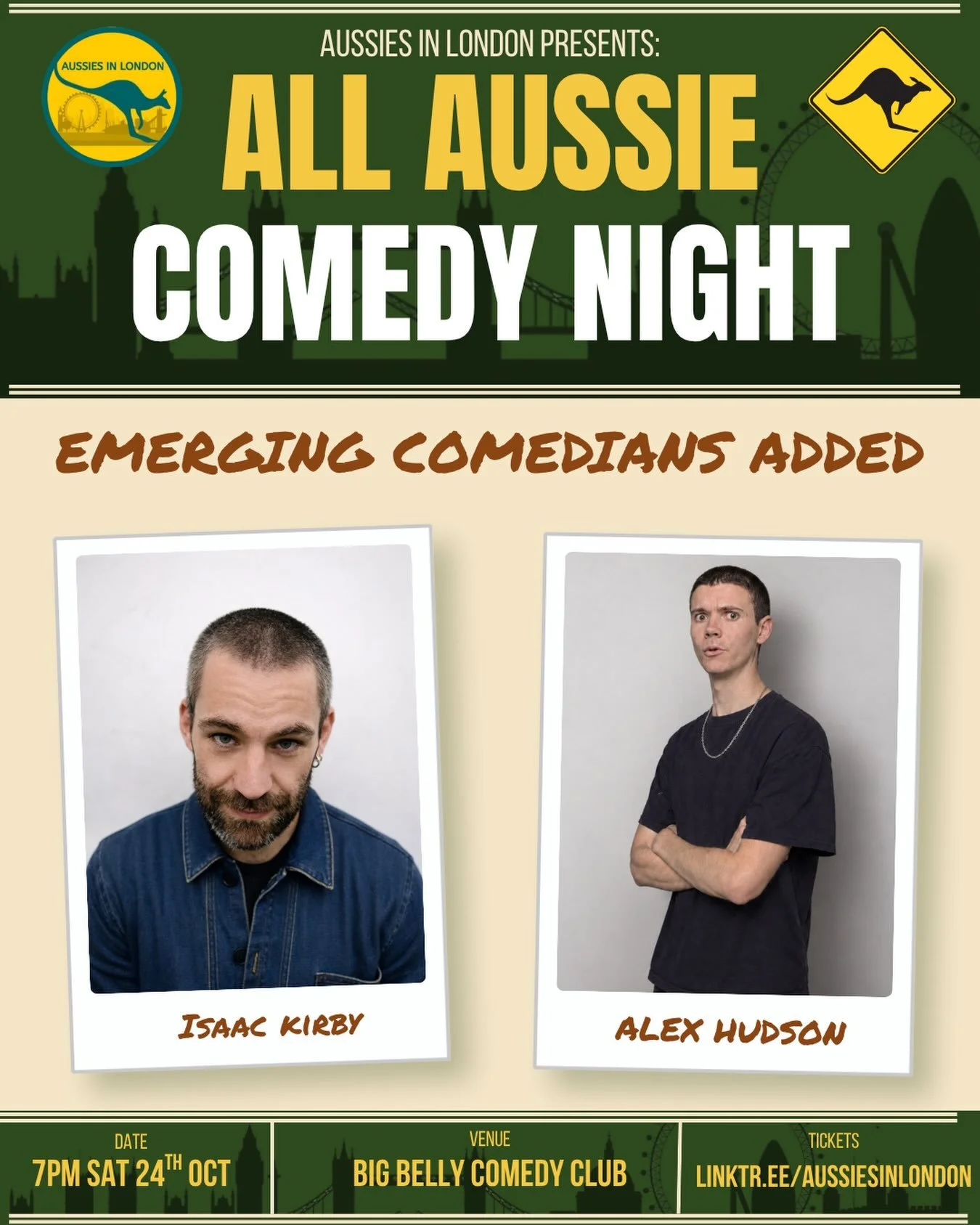 Two new additions to next Saturday nights All Aussie Comedy night at the @thebigbellybar 

Up and comers @isaackirby &amp; @alex_hudson6 🙌🏽

Alex is a young up-and-coming Maltese-Australian comic, having moved to London in 2025 at 18. Alex can be s