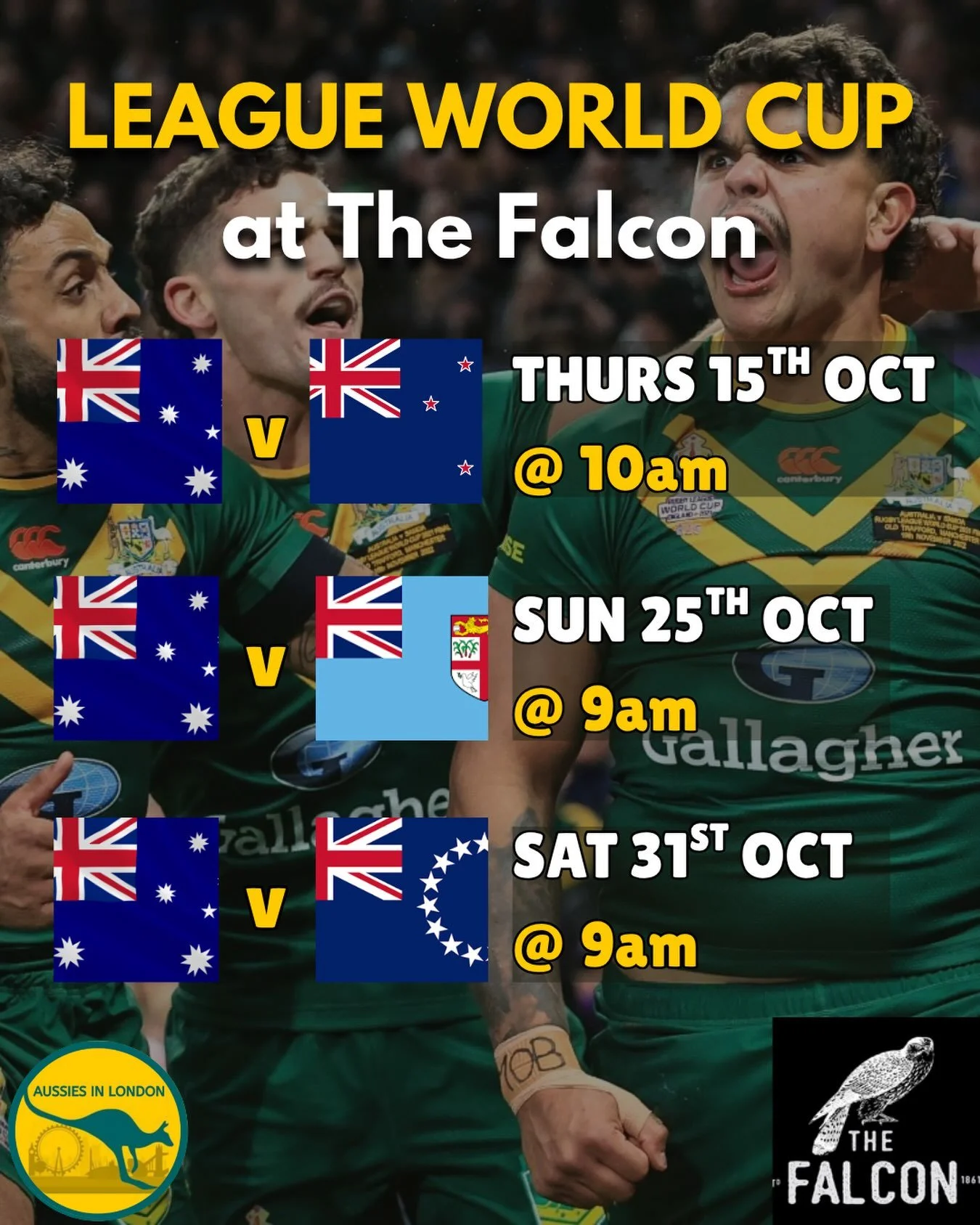 The League World Cup has snuck up on us but our friends at the @falconclapham will be showing all the games live 🙌🏽

Get around the @arlkangaroos 🏉