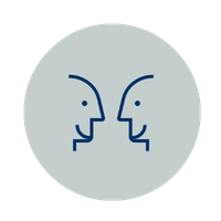 Line drawing of two faces facing each other, with lines indicating conversation or communication.