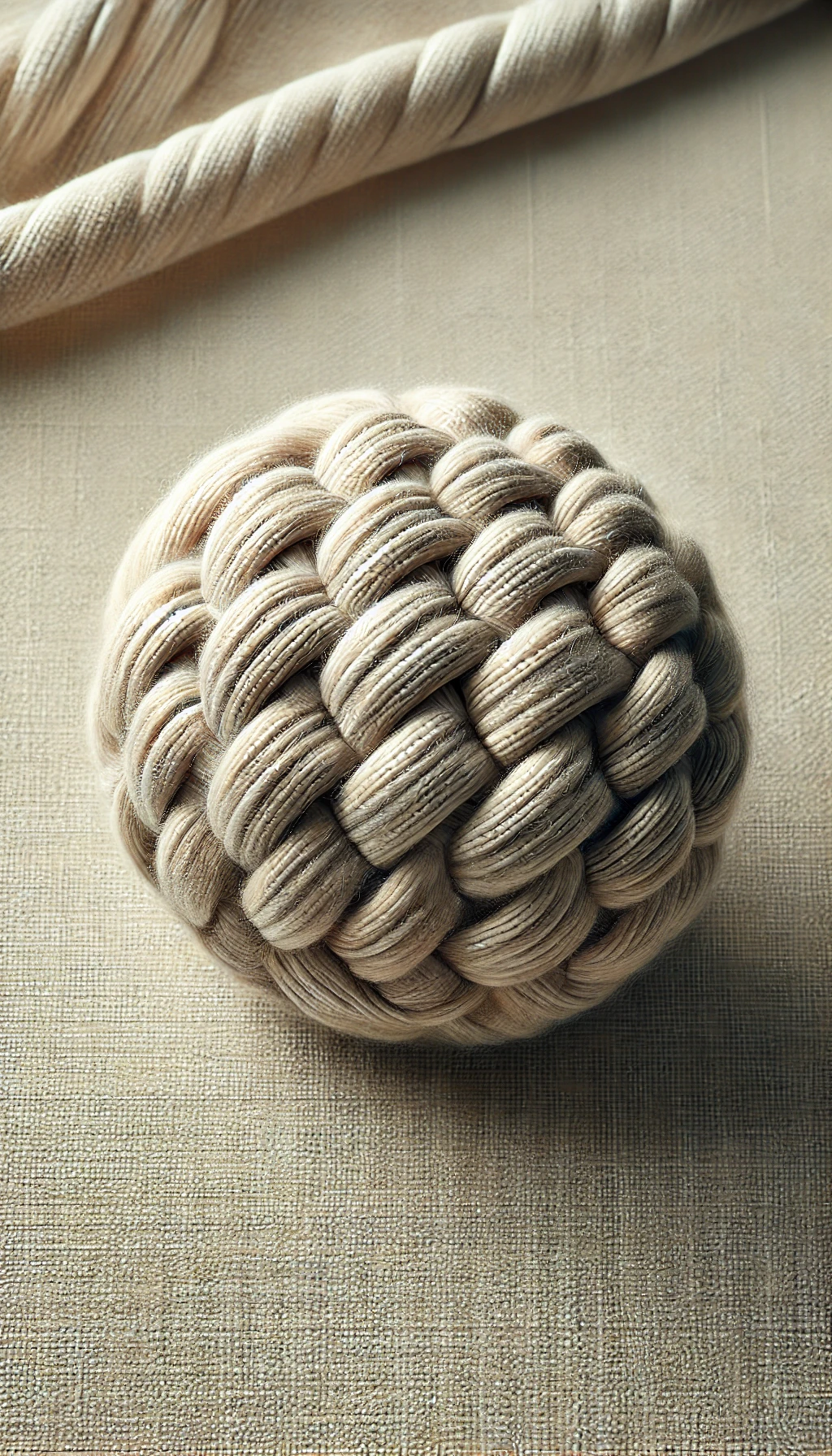 A decorative ball made of intertwined, shiny, beige-colored ribbons on a textured beige surface.