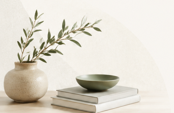 A ceramic vase with green leafy branches, a green bowl, and two stacked white books on a light-colored surface against a white background.