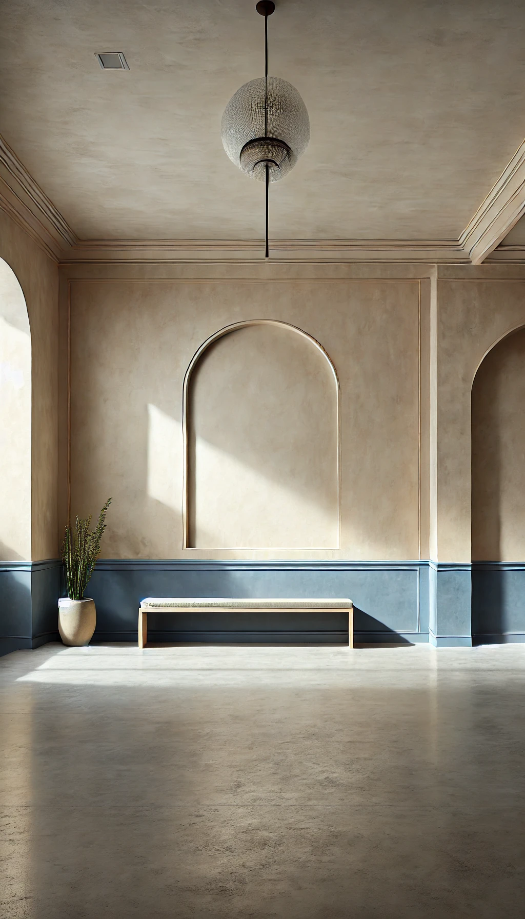 Minimalist interior with beige textured walls, a built-in arched window recessed into the wall, a simple bench, a potted plant, a beige and blue color scheme, and a hanging spherical light fixture.
