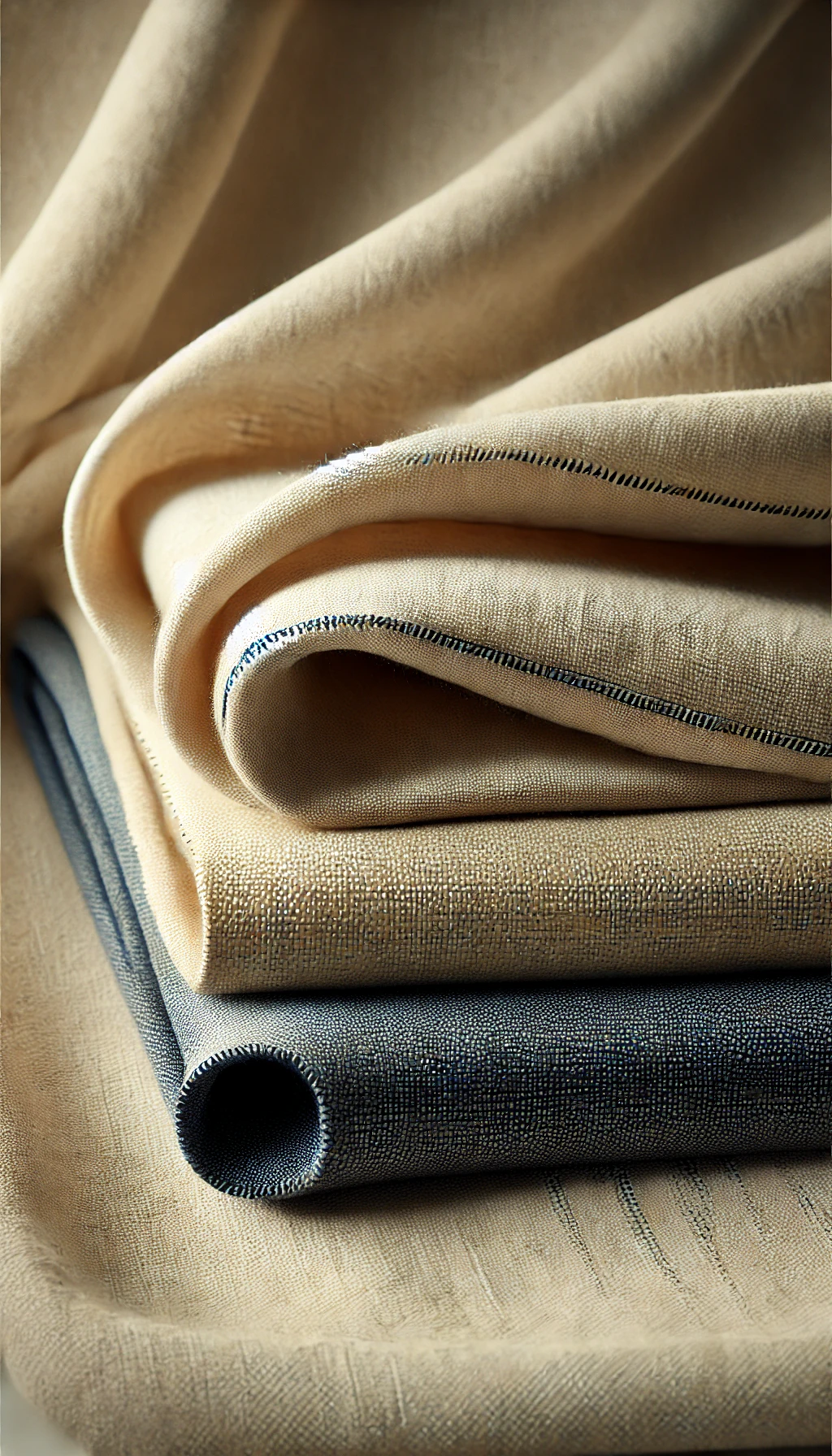 Stacked rolls of fabric in beige, gray, and black colors with various textures and patterns.