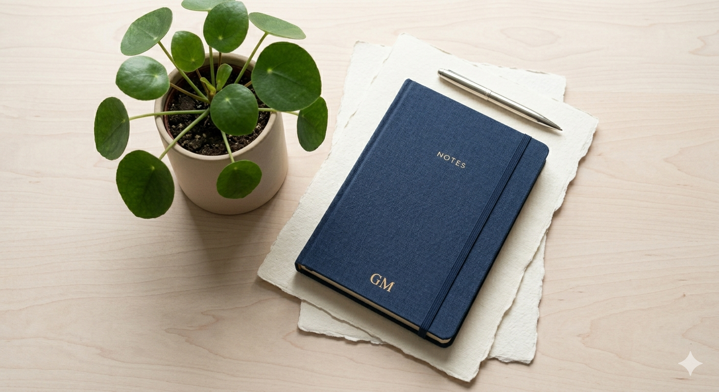 A potted plant with round green leaves, a closed blue notebook with the word 'NOTES' and initials 'GM' on the cover, a silver pen, and some textured white paper on a light wooden surface.