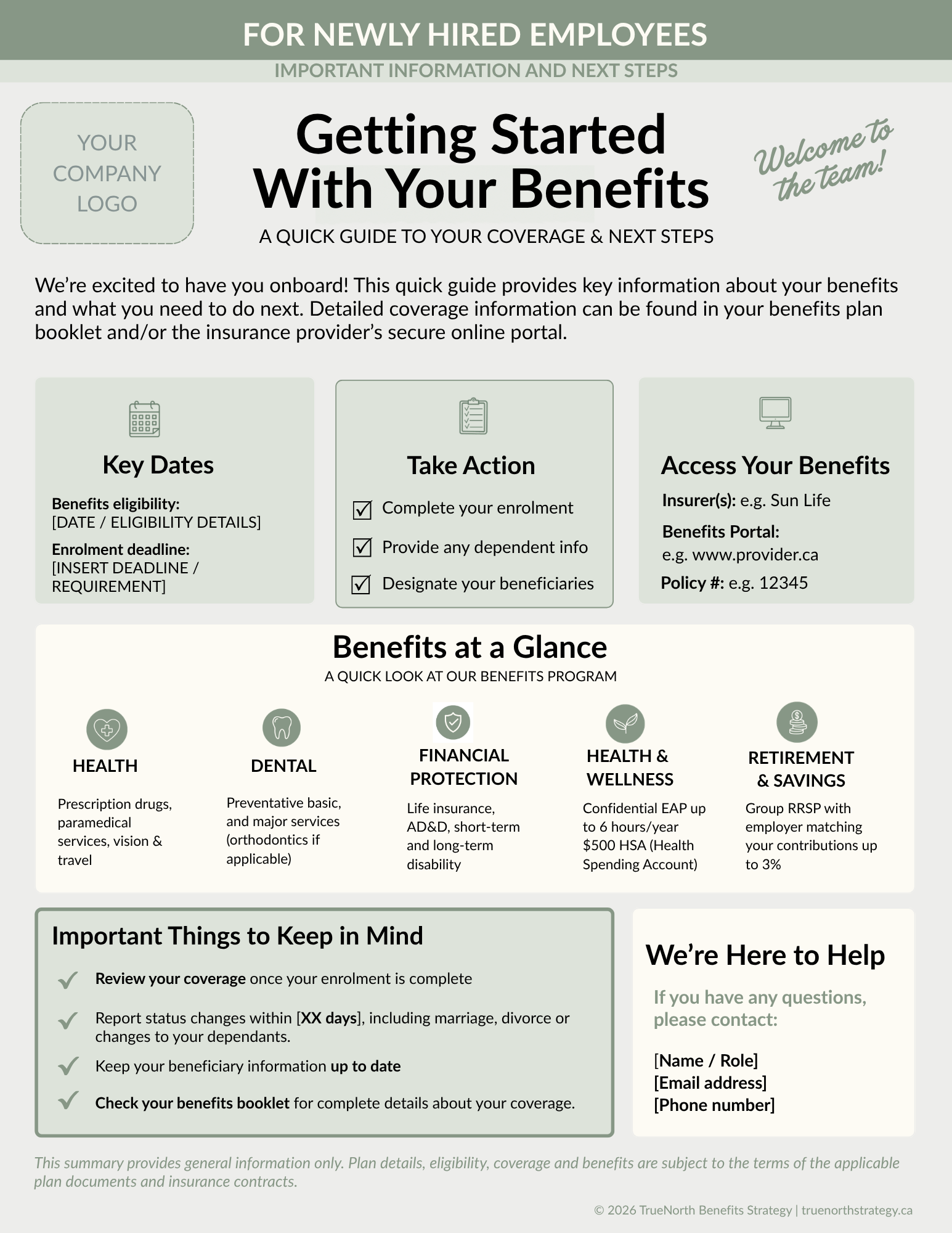 A "Getting Started With Your Benefits" handout for new employees, with sections on key dates, taking action, accessing benefits and important reminders.