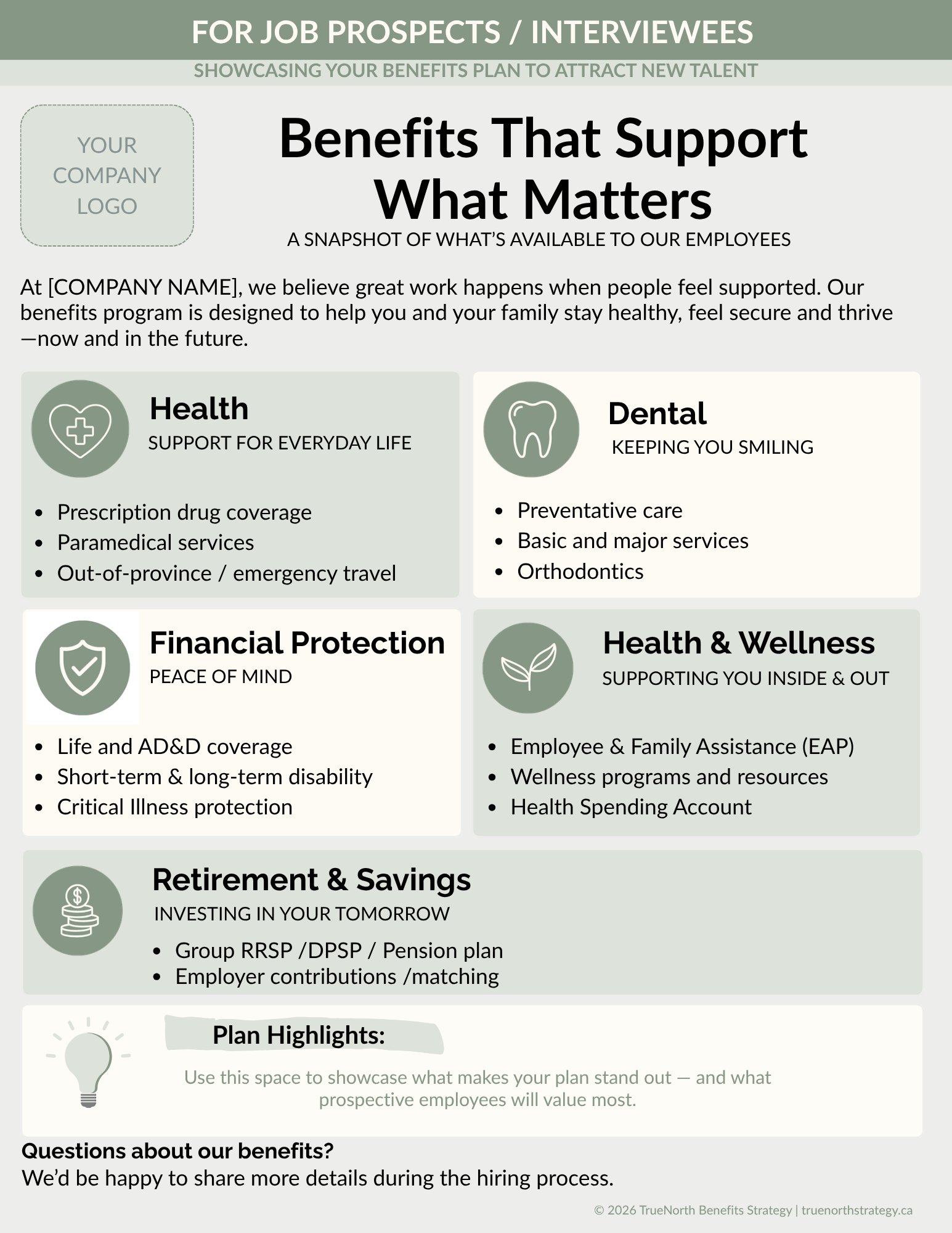 "Benefits Snapshot for Job Prospects" highlights various benefits offered by an employer to help job candidates understand the value of the benefits package.