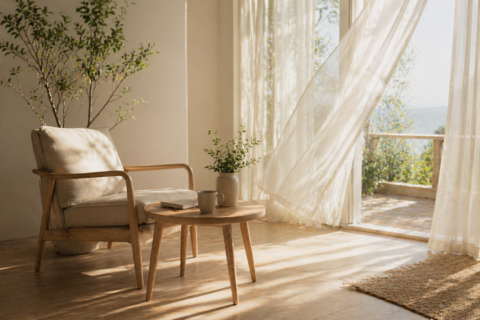 Sunlit interior room with a beige armchair, a small round wooden table with a potted plant, a cup, and an open book. Sheer curtains billow in the breeze at an open door leading to a balcony with greenery and a scenic view.