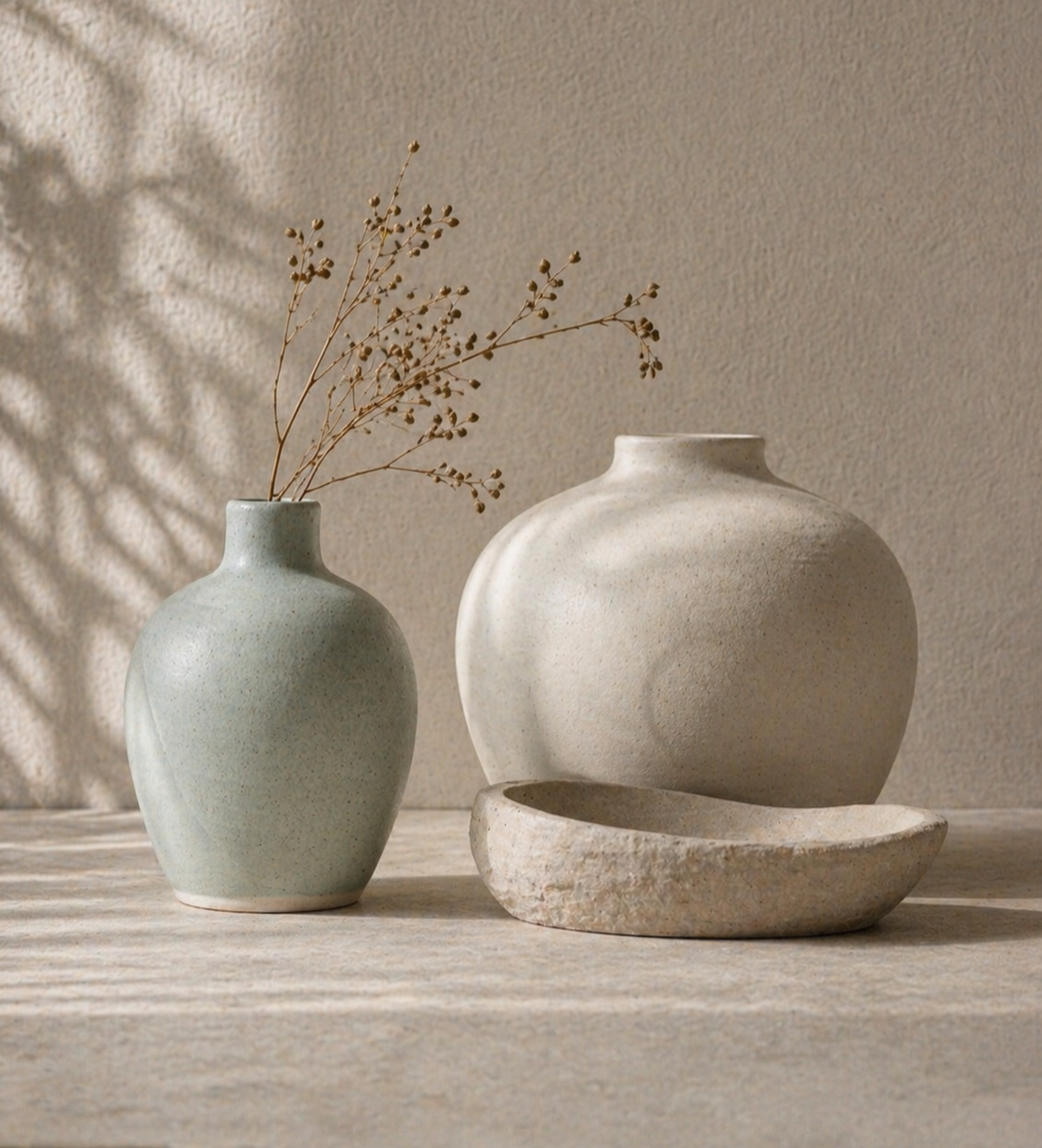 Two minimalist ceramic vases, one with dried branches, on a textured surface with shadow patterns.