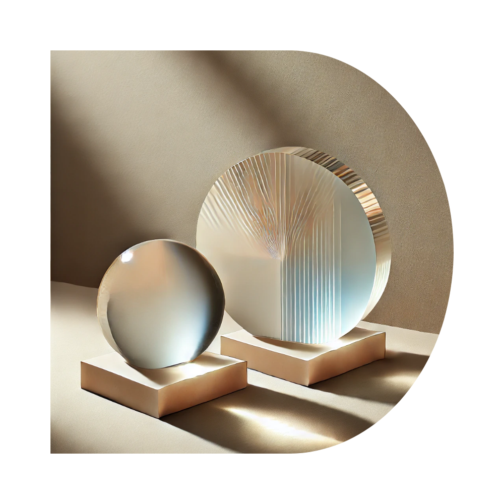 Two decorative circular glass prisms, one smaller and one larger, displayed on beige platforms against a neutral wall and ceiling with soft shadows and reflective surfaces.