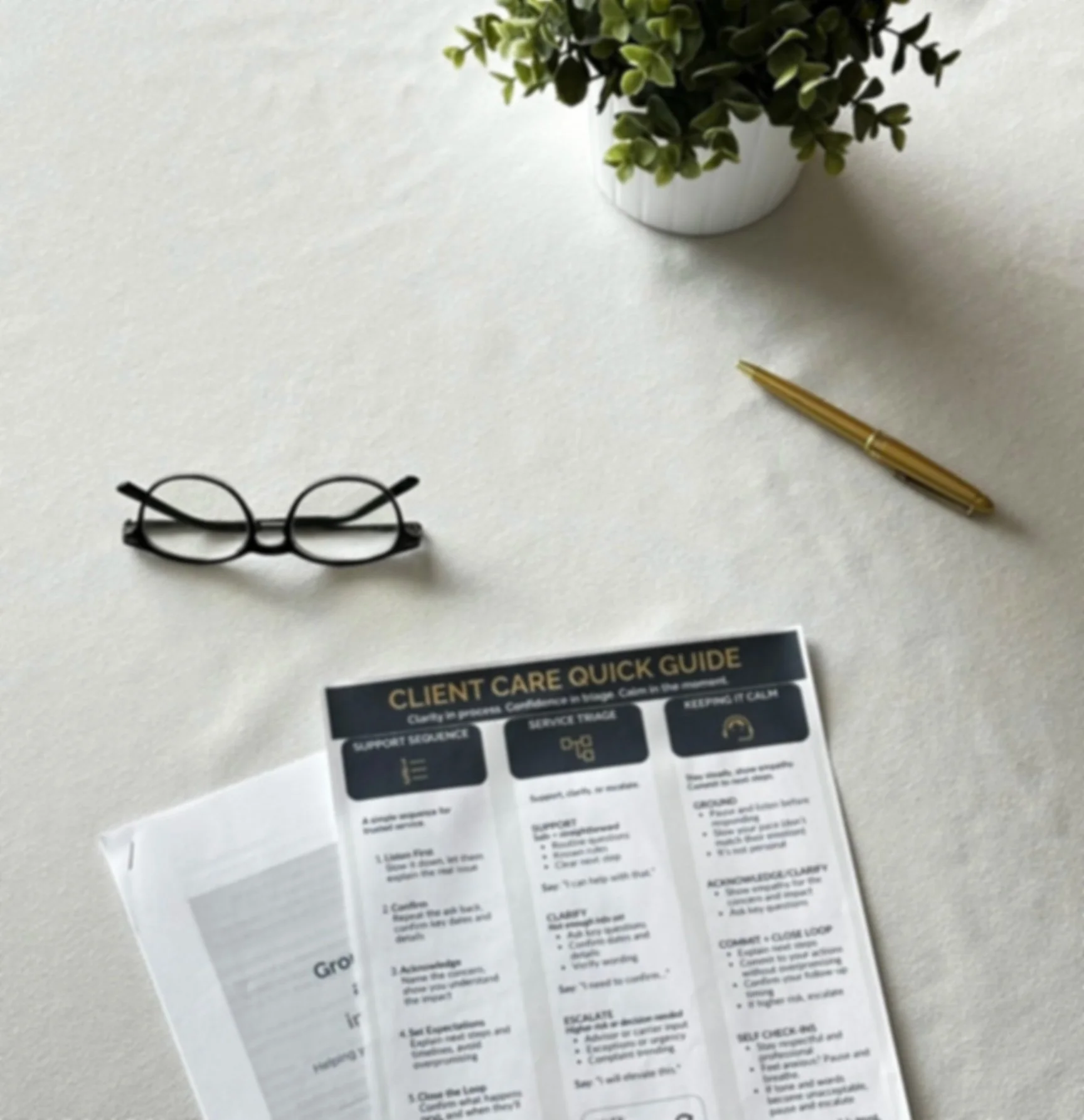 A printed Client Care Quick Guide from TrueNorth Benefits Strategy, displayed with supporting training materials, reading glasses, a gold pen, and a potted plant, representing practical advisor team training and client-service resources.