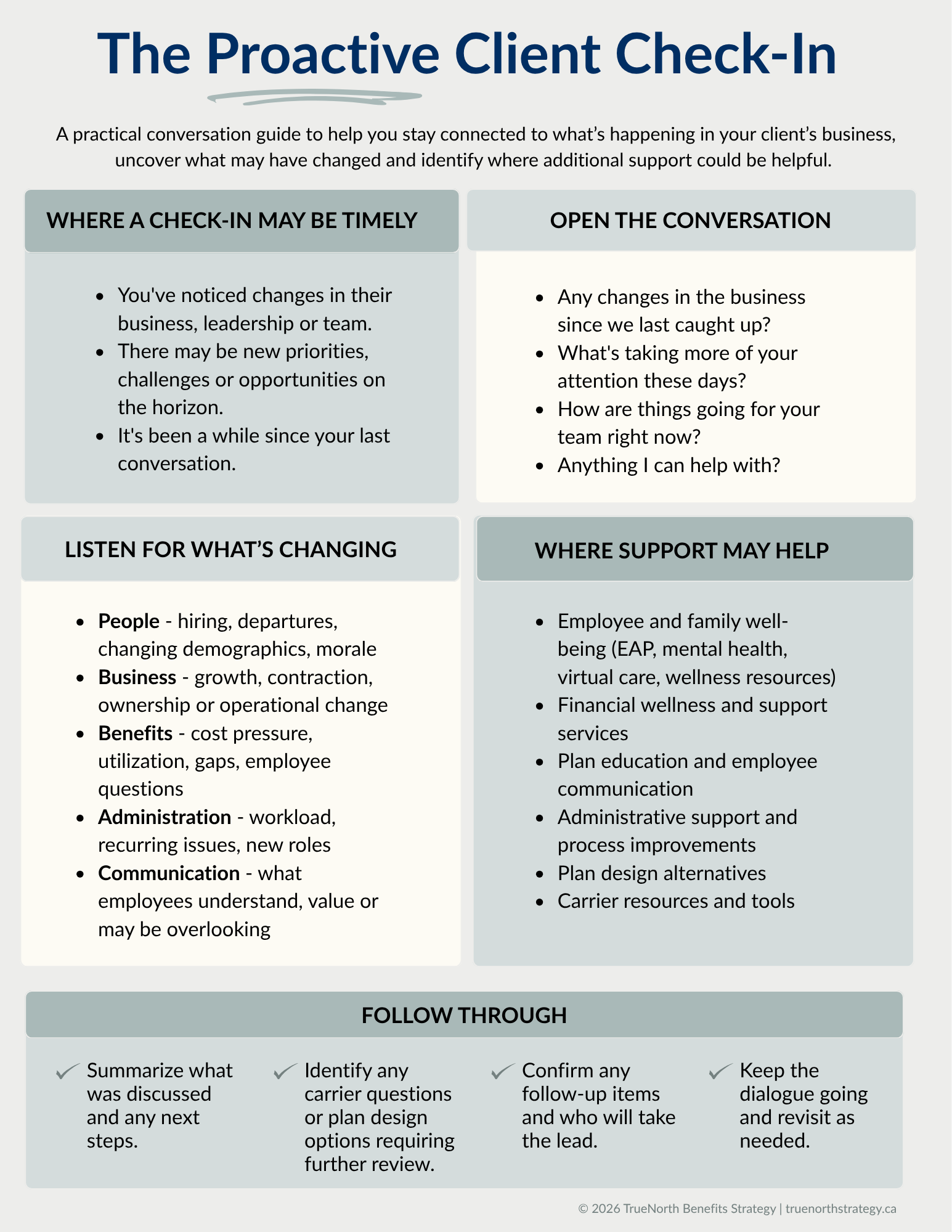 "Proactive Client Check-In" guide for benefits advisors, with prompts to support thoughtful conversations and follow-through with their clients.
