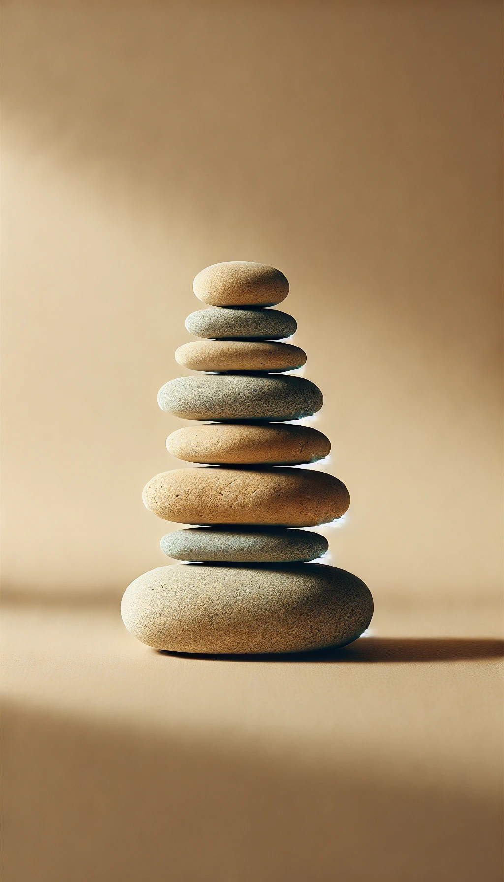 A neatly stacked formation of nine smooth, oval-shaped stones against a neutral background.