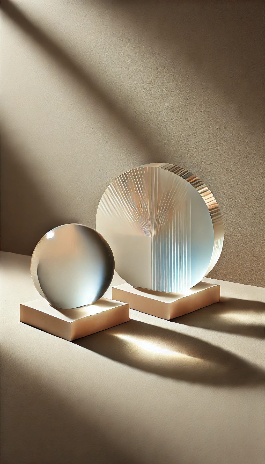 Two metallic spherical sculptures on beige pedestals with light and shadow effects on a neutral background.
