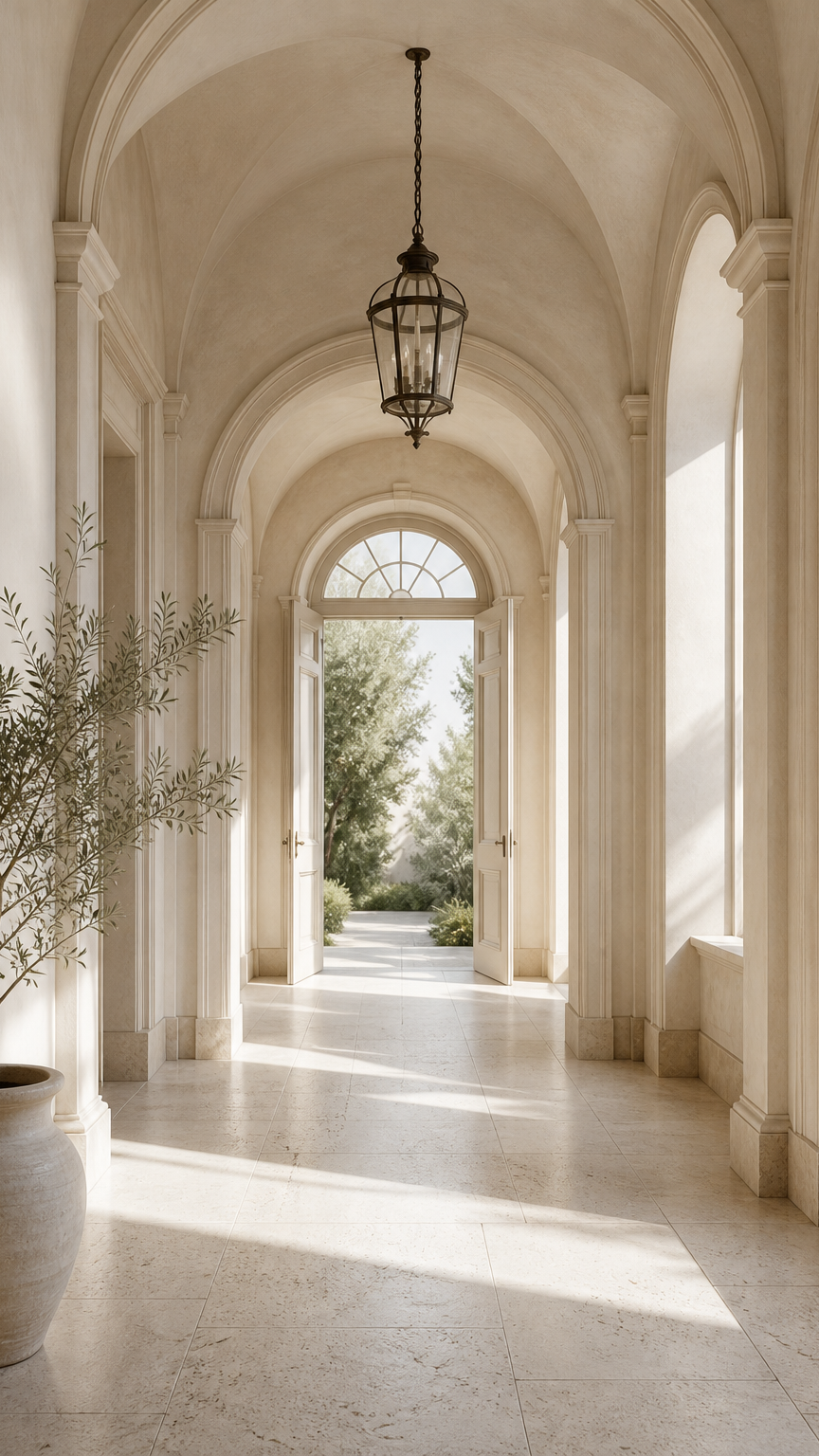 Bright entryway with arched ceiling, large hanging lantern, open double doors leading outside, and sunlight streaming through windows.