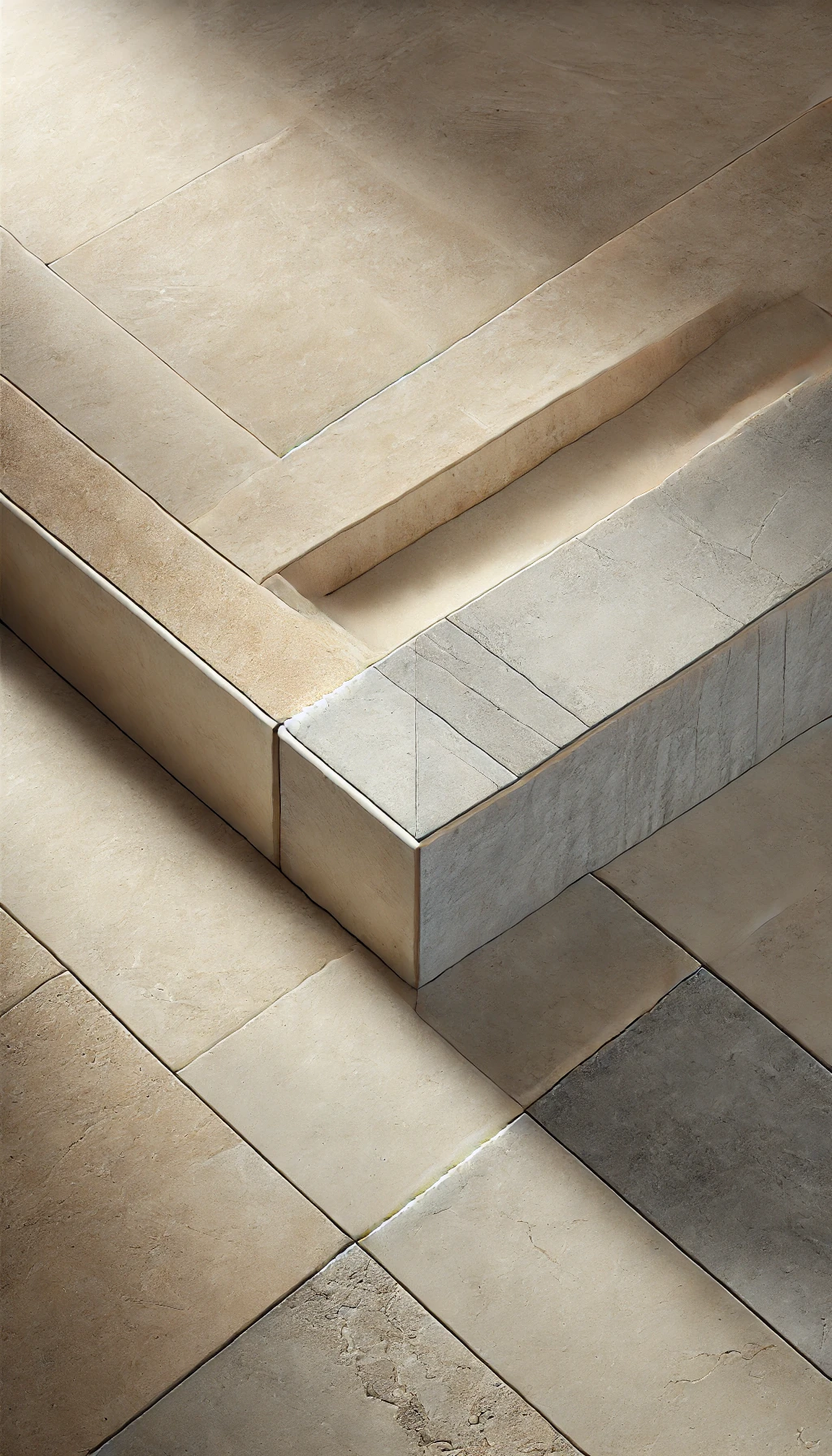 Close-up of beige and gray stone tiles arranged in a stepped pattern.