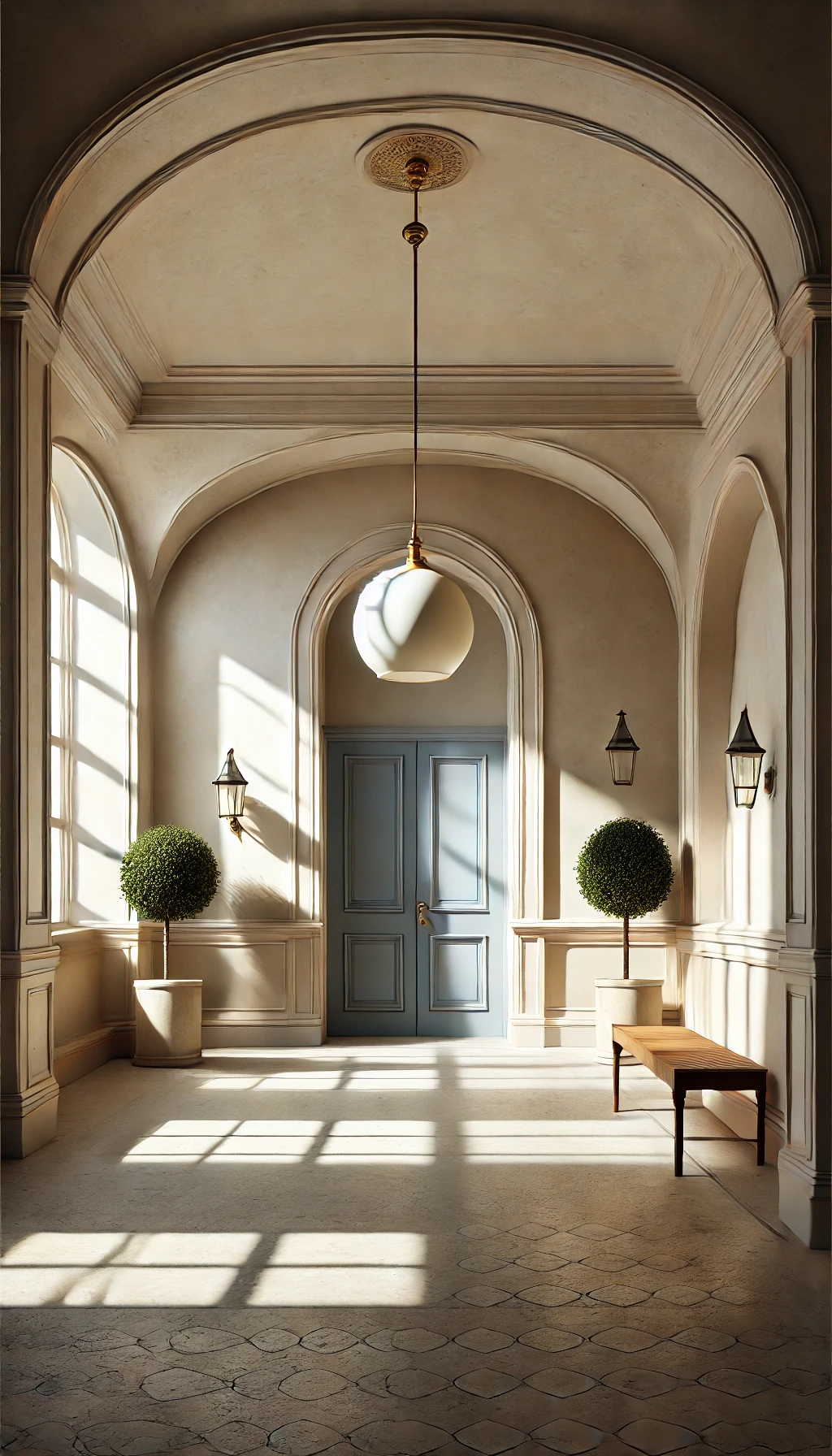 Sunlit hallway with arched windows, blue door, hanging pendant light, two potted topiary trees, a wooden bench, and wall-mounted lanterns.