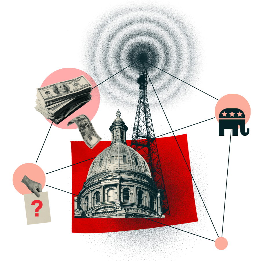 Image of the colorado state capitol with connected dots to money, ballot, broadcasts stations, and the republican party logo