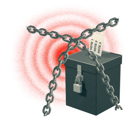 Mail ballot box wrapped in heavy chains and padlocked, representing Amendment 84's new voter ID barriers